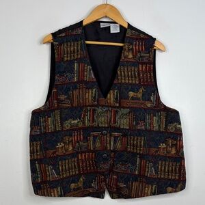 Vintage Tapestry Vest Womens 2XL Brown Black Librarian Book Geek 90s Waistcoat